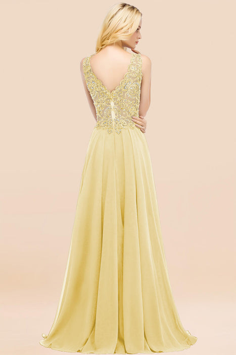 Elegant V-Neck Chiffon Aline Bridesmaid Dress Sleeveless Lace Beadings Wedding Guest Dress