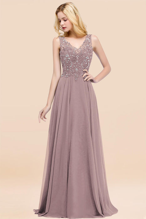 Elegant V-Neck Chiffon Aline Bridesmaid Dress Sleeveless Lace Beadings Wedding Guest Dress