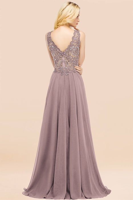 Elegant V-Neck Chiffon Aline Bridesmaid Dress Sleeveless Lace Beadings Wedding Guest Dress