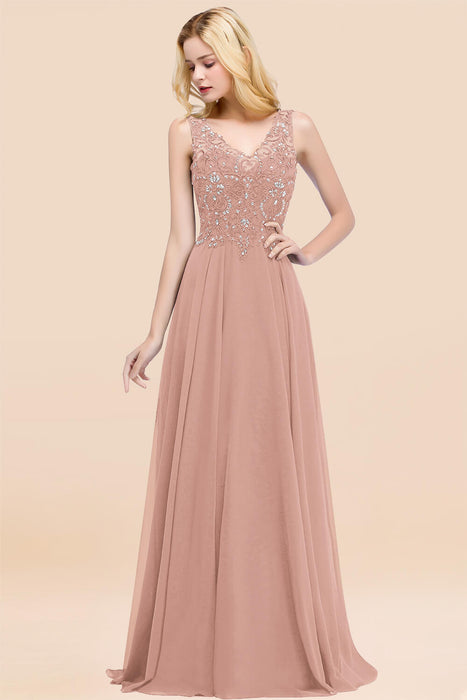 Elegant V-Neck Chiffon Aline Bridesmaid Dress Sleeveless Lace Beadings Wedding Guest Dress