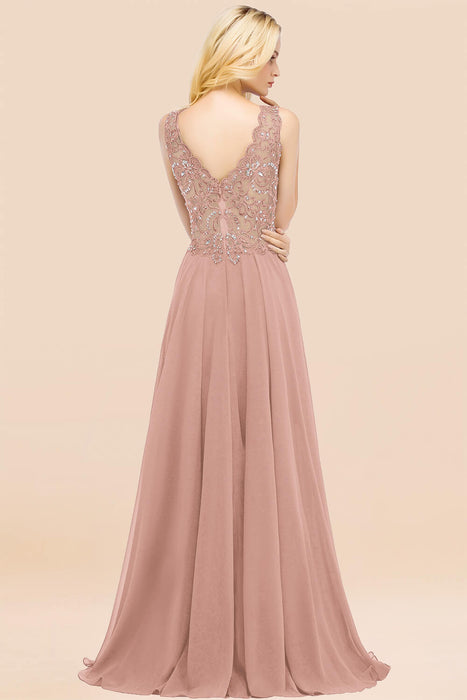Elegant V-Neck Chiffon Aline Bridesmaid Dress Sleeveless Lace Beadings Wedding Guest Dress