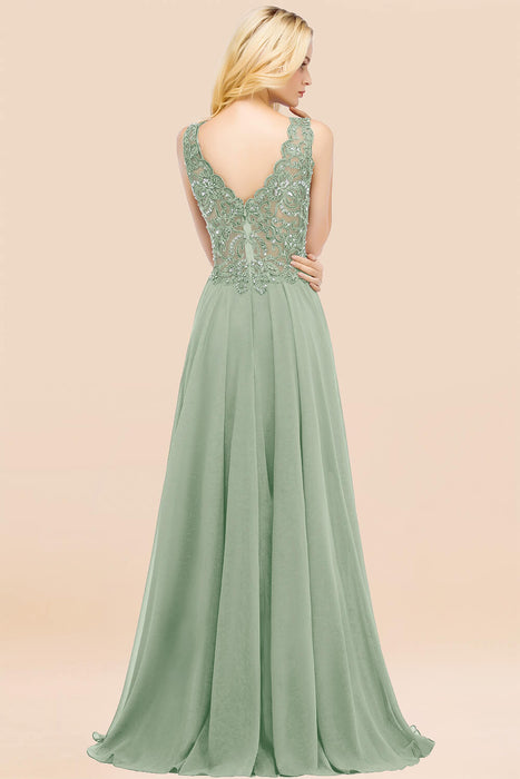 Elegant V-Neck Chiffon Aline Bridesmaid Dress Sleeveless Lace Beadings Wedding Guest Dress