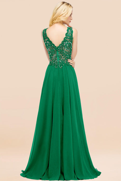 Elegant V-Neck Chiffon Aline Bridesmaid Dress Sleeveless Lace Beadings Wedding Guest Dress