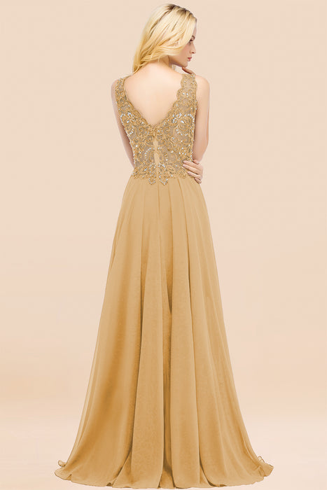 Elegant V-Neck Chiffon Aline Bridesmaid Dress Sleeveless Lace Beadings Wedding Guest Dress