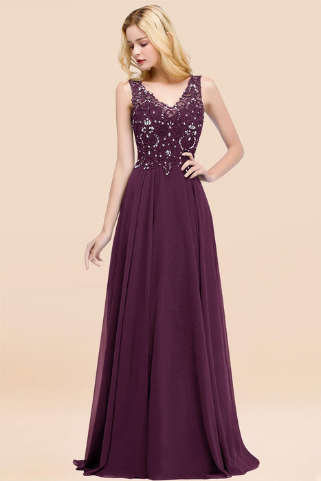 Elegant V-Neck Chiffon Aline Bridesmaid Dress Sleeveless Lace Beadings Wedding Guest Dress