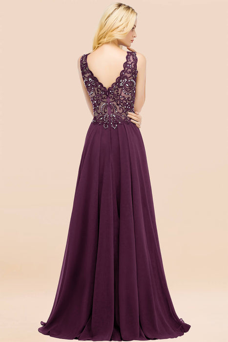 Elegant V-Neck Chiffon Aline Bridesmaid Dress Sleeveless Lace Beadings Wedding Guest Dress