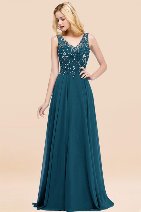 Elegant V-Neck Chiffon Aline Bridesmaid Dress Sleeveless Lace Beadings Wedding Guest Dress