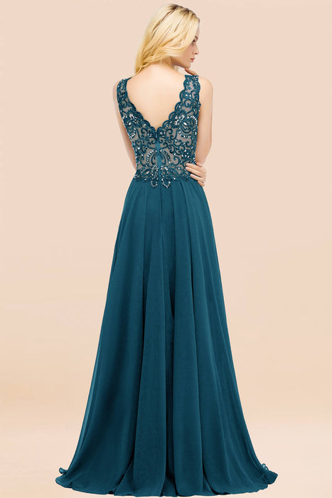 Elegant V-Neck Chiffon Aline Bridesmaid Dress Sleeveless Lace Beadings Wedding Guest Dress