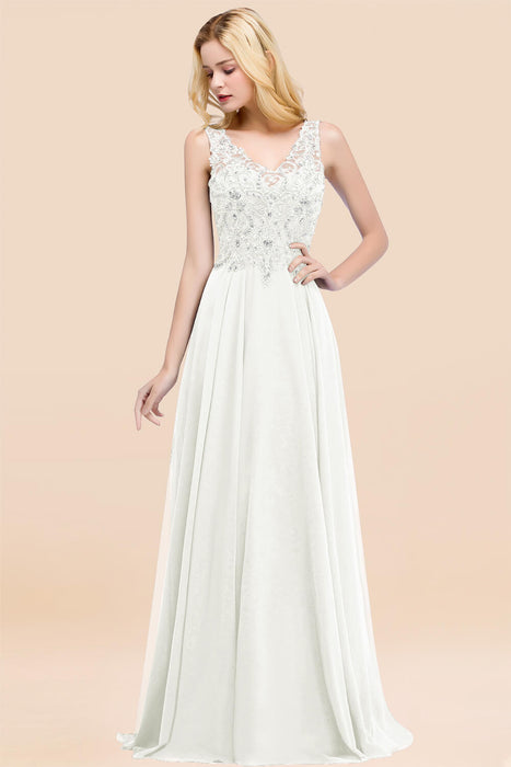 Elegant V-Neck Chiffon Aline Bridesmaid Dress Sleeveless Lace Beadings Wedding Guest Dress