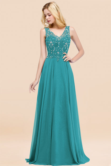Elegant V-Neck Chiffon Aline Bridesmaid Dress Sleeveless Lace Beadings Wedding Guest Dress