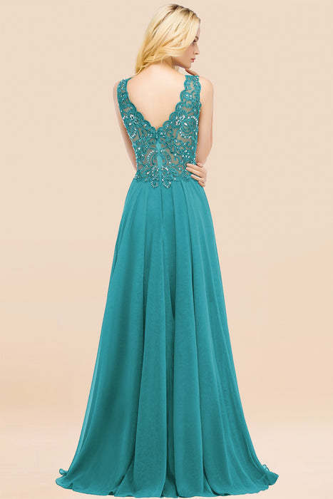 Elegant V-Neck Chiffon Aline Bridesmaid Dress Sleeveless Lace Beadings Wedding Guest Dress