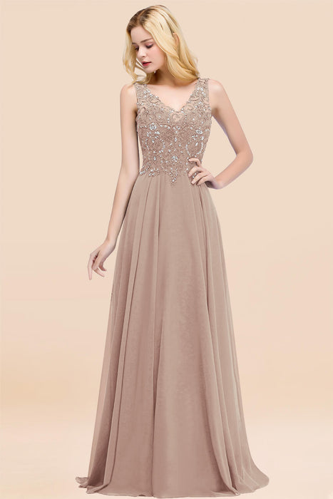 Elegant V-Neck Chiffon Aline Bridesmaid Dress Sleeveless Lace Beadings Wedding Guest Dress