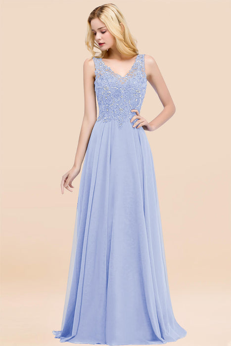 Elegant V-Neck Chiffon Aline Bridesmaid Dress Sleeveless Lace Beadings Wedding Guest Dress