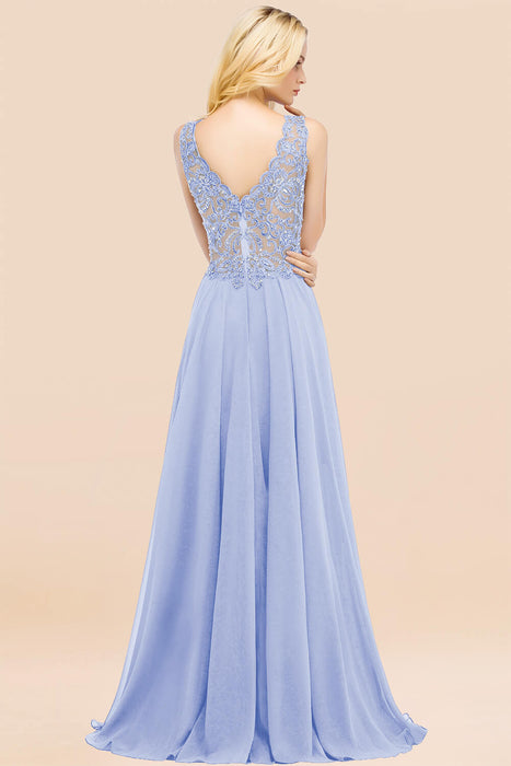 Elegant V-Neck Chiffon Aline Bridesmaid Dress Sleeveless Lace Beadings Wedding Guest Dress