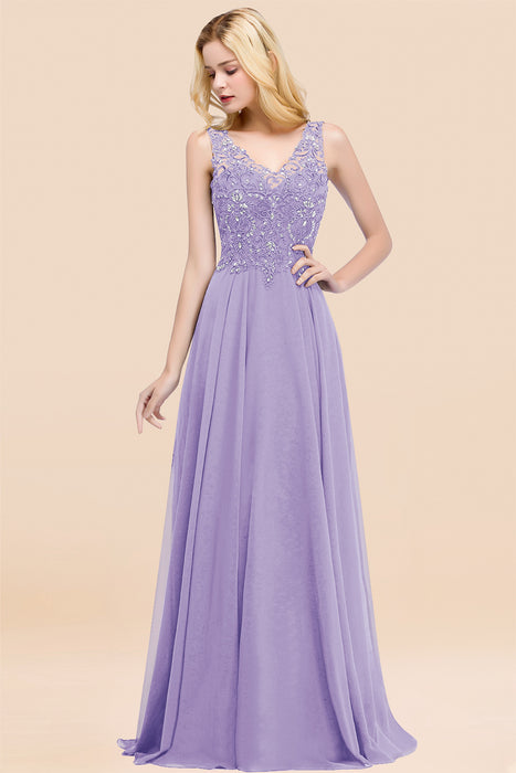 Elegant V-Neck Chiffon Aline Bridesmaid Dress Sleeveless Lace Beadings Wedding Guest Dress