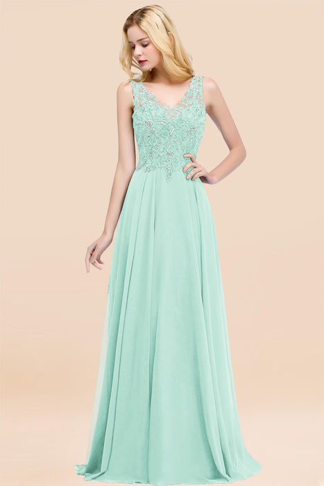 Elegant V-Neck Chiffon Aline Bridesmaid Dress Sleeveless Lace Beadings Wedding Guest Dress