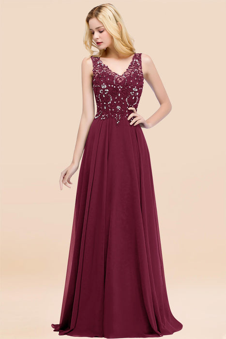 Elegant V-Neck Chiffon Aline Bridesmaid Dress Sleeveless Lace Beadings Wedding Guest Dress