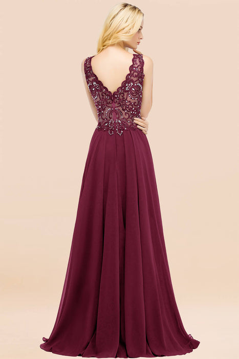 Elegant V-Neck Chiffon Aline Bridesmaid Dress Sleeveless Lace Beadings Wedding Guest Dress