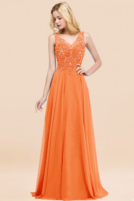 Elegant V-Neck Chiffon Aline Bridesmaid Dress Sleeveless Lace Beadings Wedding Guest Dress