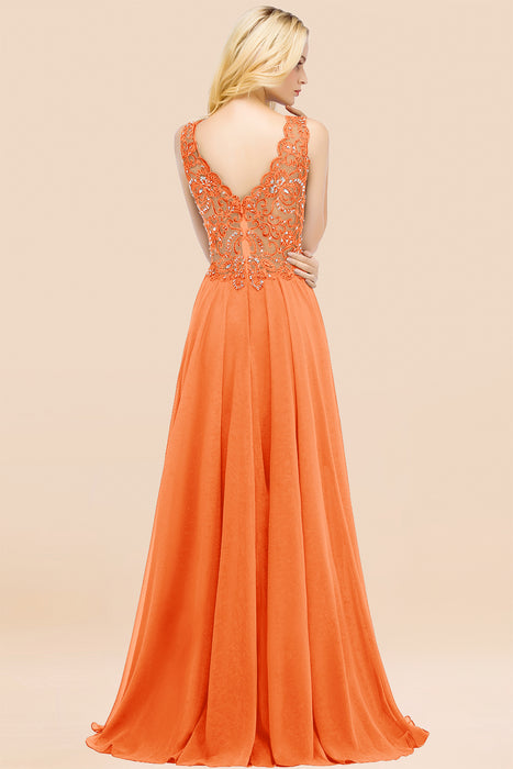 Elegant V-Neck Chiffon Aline Bridesmaid Dress Sleeveless Lace Beadings Wedding Guest Dress