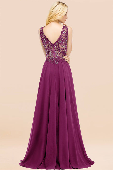 Elegant V-Neck Chiffon Aline Bridesmaid Dress Sleeveless Lace Beadings Wedding Guest Dress