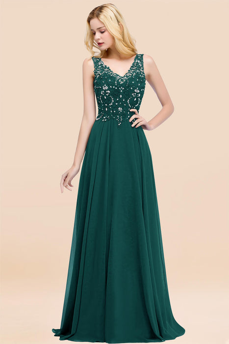 Elegant V-Neck Chiffon Aline Bridesmaid Dress Sleeveless Lace Beadings Wedding Guest Dress
