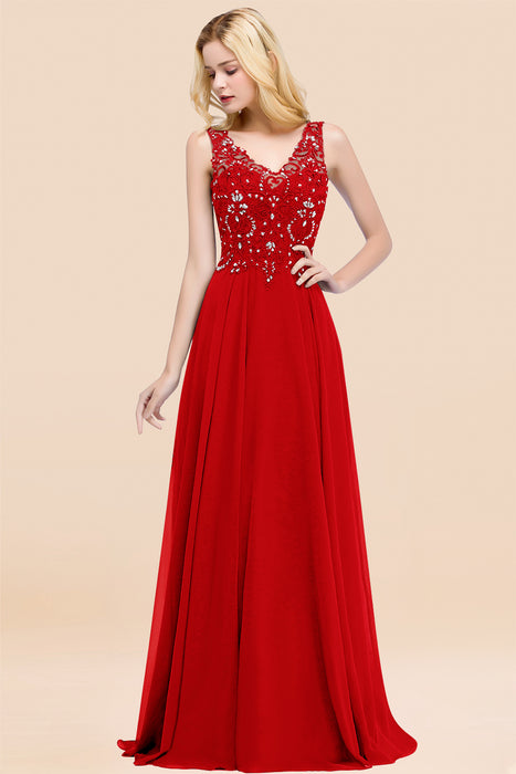 Elegant V-Neck Chiffon Aline Bridesmaid Dress Sleeveless Lace Beadings Wedding Guest Dress