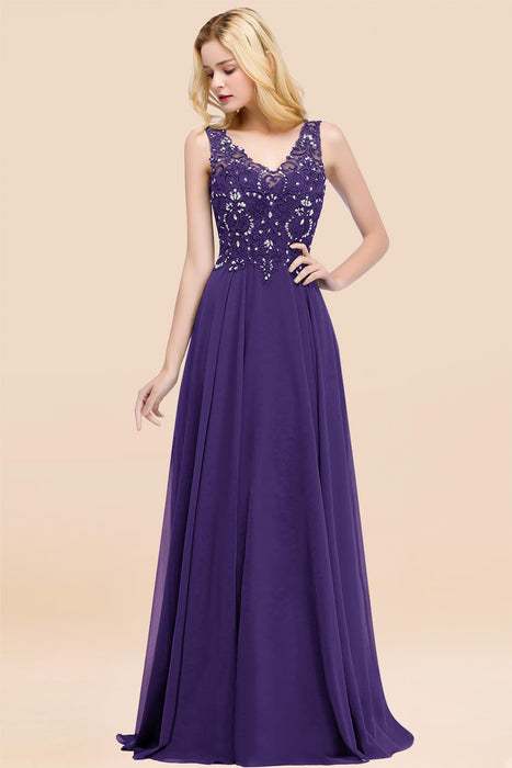 Elegant V-Neck Chiffon Aline Bridesmaid Dress Sleeveless Lace Beadings Wedding Guest Dress