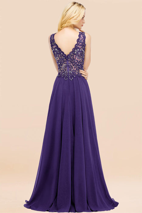 Elegant V-Neck Chiffon Aline Bridesmaid Dress Sleeveless Lace Beadings Wedding Guest Dress