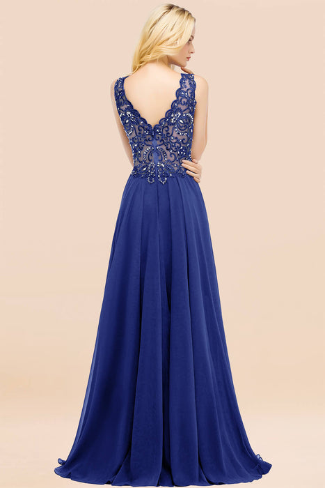 Elegant V-Neck Chiffon Aline Bridesmaid Dress Sleeveless Lace Beadings Wedding Guest Dress