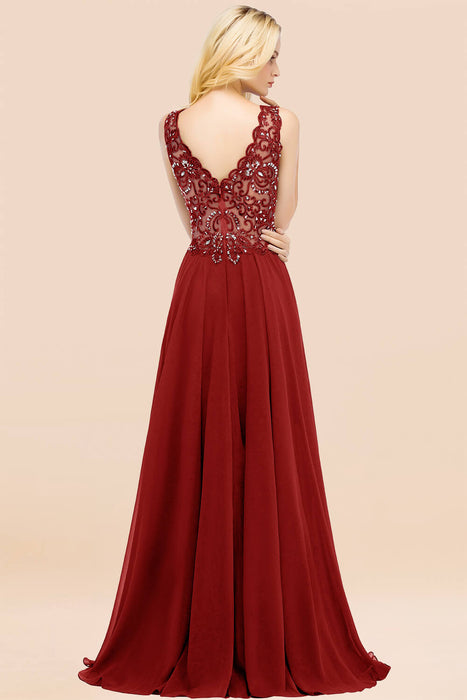 Elegant V-Neck Chiffon Aline Bridesmaid Dress Sleeveless Lace Beadings Wedding Guest Dress