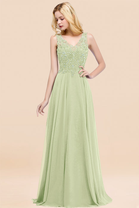 Elegant V-Neck Chiffon Aline Bridesmaid Dress Sleeveless Lace Beadings Wedding Guest Dress