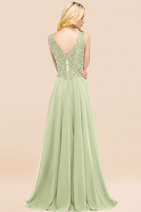 Elegant V-Neck Chiffon Aline Bridesmaid Dress Sleeveless Lace Beadings Wedding Guest Dress