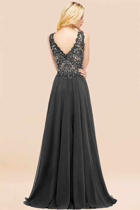 Elegant V-Neck Chiffon Aline Bridesmaid Dress Sleeveless Lace Beadings Wedding Guest Dress