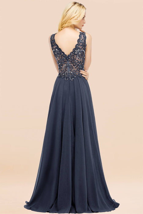 Elegant V-Neck Chiffon Aline Bridesmaid Dress Sleeveless Lace Beadings Wedding Guest Dress