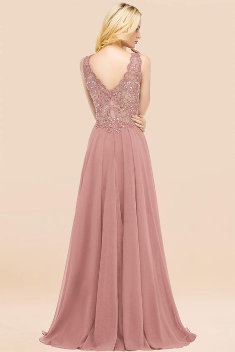 Elegant V-Neck Chiffon Aline Bridesmaid Dress Sleeveless Lace Beadings Wedding Guest Dress