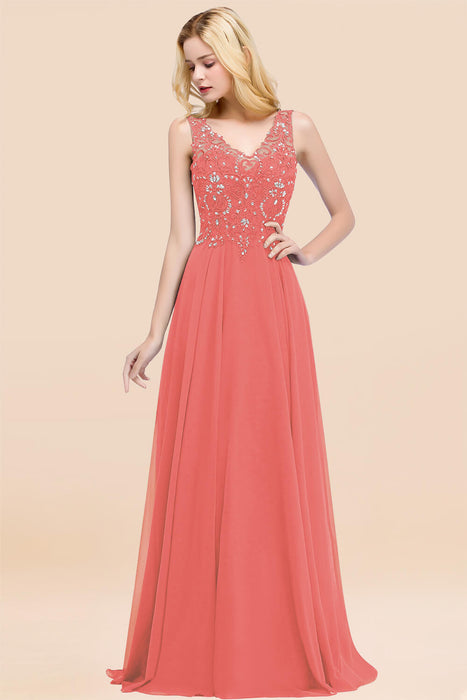 Elegant V-Neck Chiffon Aline Bridesmaid Dress Sleeveless Lace Beadings Wedding Guest Dress