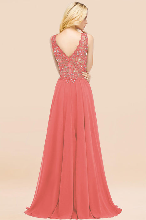 Elegant V-Neck Chiffon Aline Bridesmaid Dress Sleeveless Lace Beadings Wedding Guest Dress