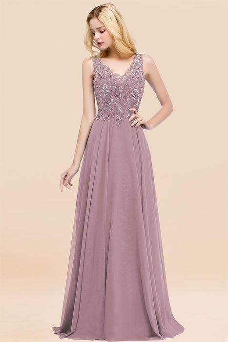 Elegant V-Neck Chiffon Aline Bridesmaid Dress Sleeveless Lace Beadings Wedding Guest Dress