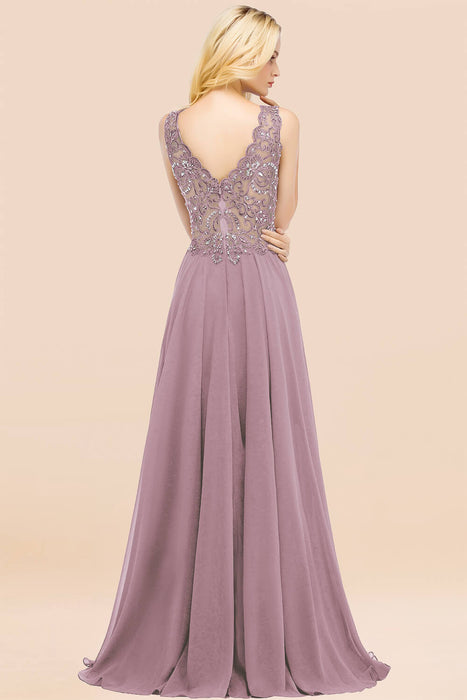 Elegant V-Neck Chiffon Aline Bridesmaid Dress Sleeveless Lace Beadings Wedding Guest Dress