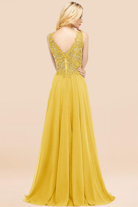 Elegant V-Neck Chiffon Aline Bridesmaid Dress Sleeveless Lace Beadings Wedding Guest Dress