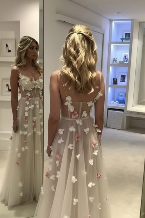 A-line Hand-Made Flower Formal Dress Sexy Sleeveless Straps Prom Gowns with Flowers - Prom Dresses