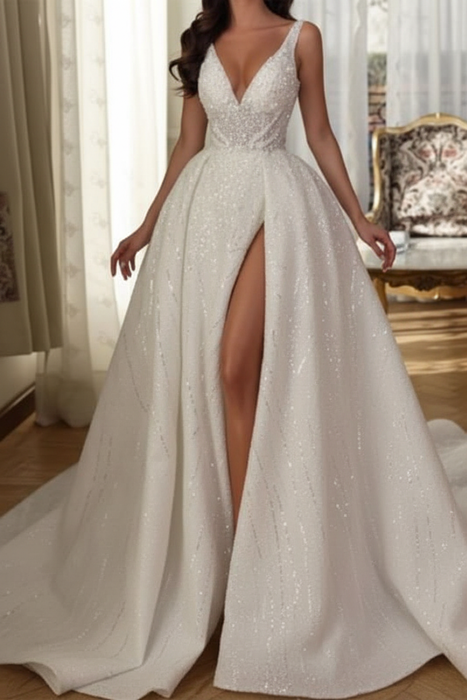 Aline Sleeveless Front Split Wedding Dress V-neck Sequins Bridal Dress - wedding dresses
