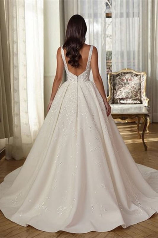 Aline Sleeveless Front Split Wedding Dress V-neck Sequins Bridal Dress - wedding dresses