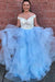 Amazing Elegant Two Piece Off-the-Shoulder Tiered Blue Tulle Long Prom Dress with Lace - Prom Dresses