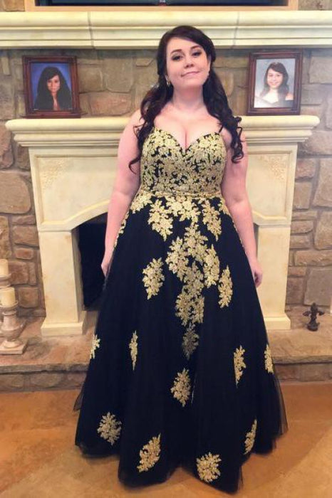 Amazing Graceful Latest Black Spaghetti Straps Sleeveless Applique Floor-Length Tulle Plus Size Prom Dresses - Prom Dresses