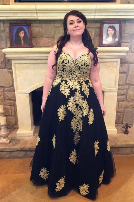 Amazing Graceful Latest Black Spaghetti Straps Sleeveless Applique Floor-Length Tulle Plus Size Prom Dresses - Prom Dresses