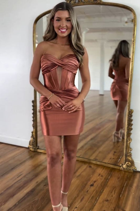 Copper Corset Keyhole Tight Short Homecoming Dress with Ruffles