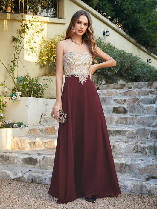 Appliques Cheap Long Prom Dresses Dusty Rose Evening Party Gown - Burgundy / US 2 - Prom Dresses