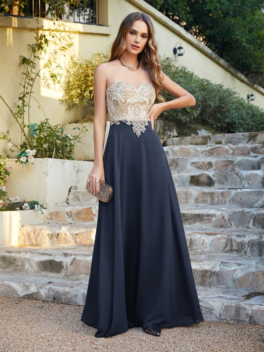 Appliques Cheap Long Prom Dresses Dusty Rose Evening Party Gown - Dark Navy / US 2 - Prom Dresses